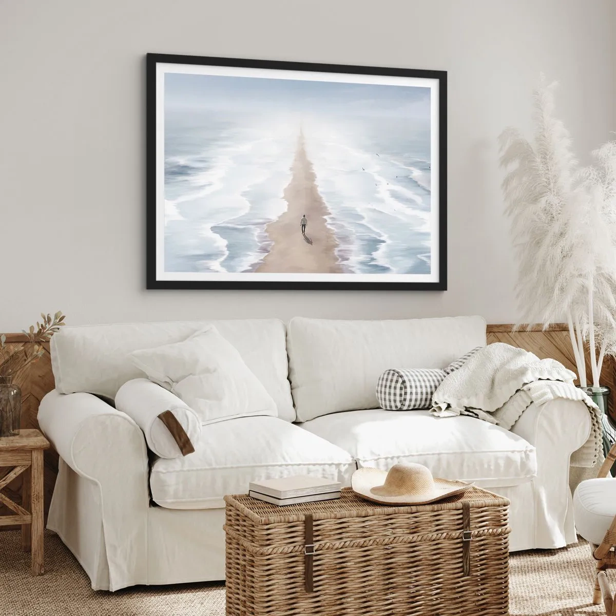 Poster in einem schwarzem Rahmen - Eine Figur auf einer einsamen Straße inmitten einer weiten Wasserlandschaft - 70x50cm - Glänzende Zukunft - Moderne Wanddekoration für Wohnzimmer und Schlafzimmer ARTTOR