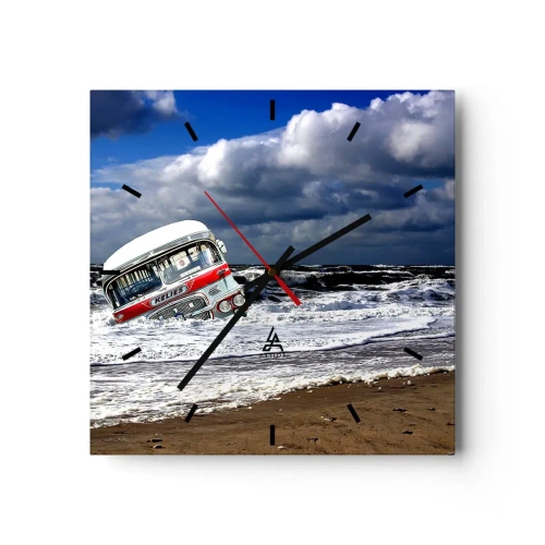 Wanduhr - Glasuhr - Ein versunkener Bus am Strand inmitten von Wellen und rauer See - 30x30cm - Und was stehst du so erstaunt? - Moderne Wanddekoration für Wohnzimmer und Schlafzimmer ARTTOR