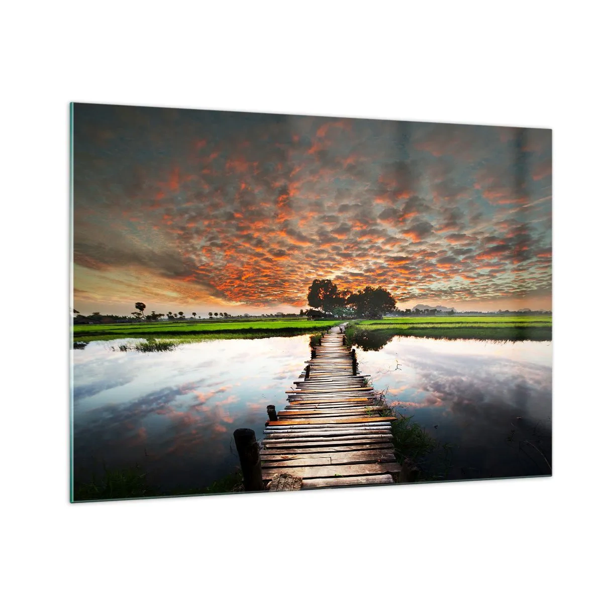Glasbild - Bild auf glas - Holzbrücke über den Fluss bei Sonnenuntergang - 100x70cm - Arme ausstrecken - atmen - Moderne Wanddekoration für Wohnzimmer und Schlafzimmer ARTTOR