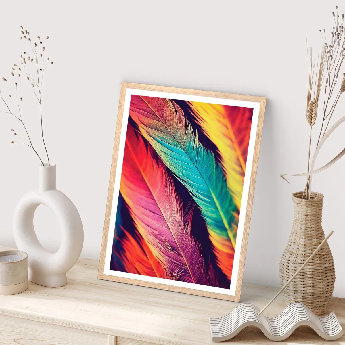 Poster in einem Rahmen aus heller Eiche - Gefiederter Regenbogen - 50x70 cm