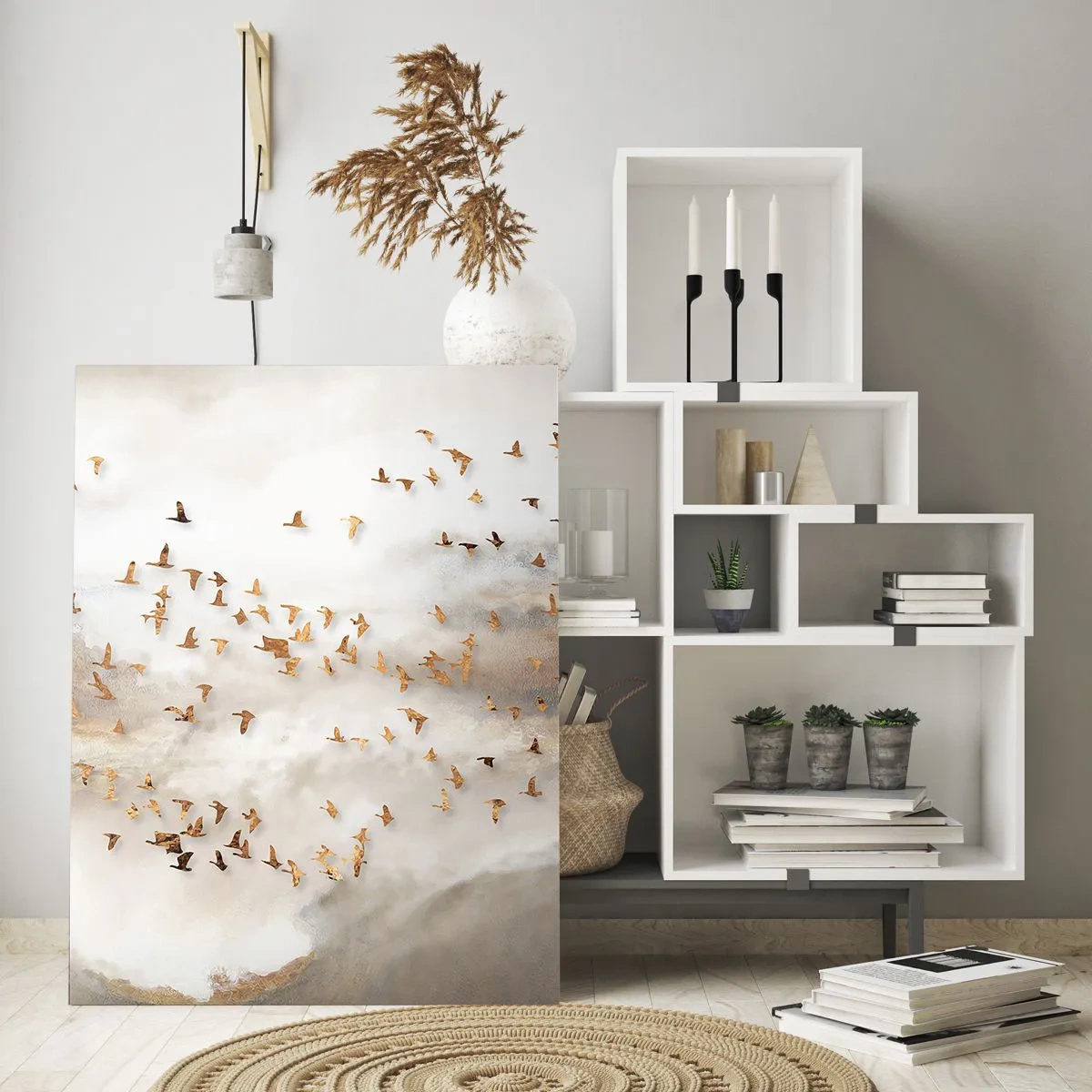 Glasbild - Bild auf glas - Ein Vogelschwarm fliegt über eine neblige Landschaft - 50x70cm - Es ist schon die Zeit… - Moderne Wanddekoration für Wohnzimmer und Schlafzimmer ARTTOR