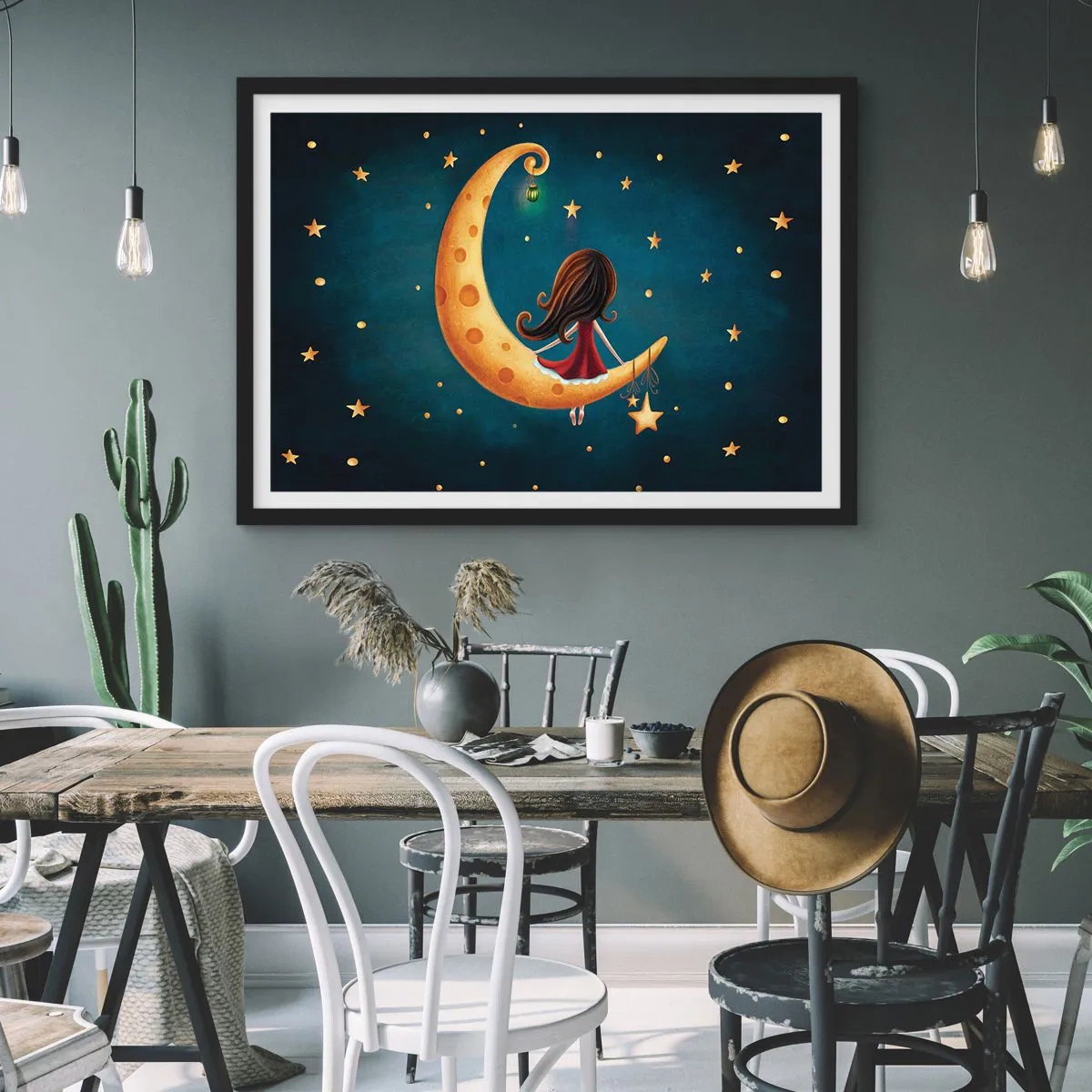 Poster in einem schwarzem Rahmen - Ein Mädchen auf dem Mond, umgeben von Sternen - 100x70cm - Einmal… - Moderne Wanddekoration für Wohnzimmer und Schlafzimmer ARTTOR