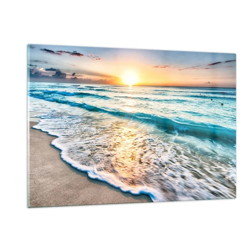 Glasbild - Bild auf glas - Strand am Morgen mit Wellen und Sonnenaufgang - 120x80cm - Ein Blick lohnt sich - Moderne Wanddekoration für Wohnzimmer und Schlafzimmer ARTTOR