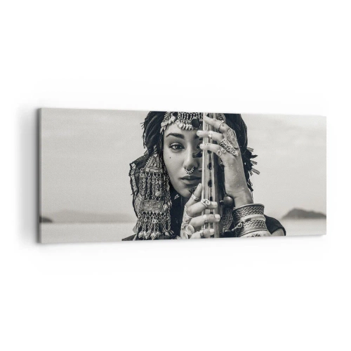 Bild auf Leinwand - Leinwandbild - Porträt einer Frau mit ethnischem Schmuck, die ein Instrument in der Hand hält - 120x50cm - Die Musik des Orients selbst - Moderne Wanddekoration für Wohnzimmer und Schlafzimmer ARTTOR