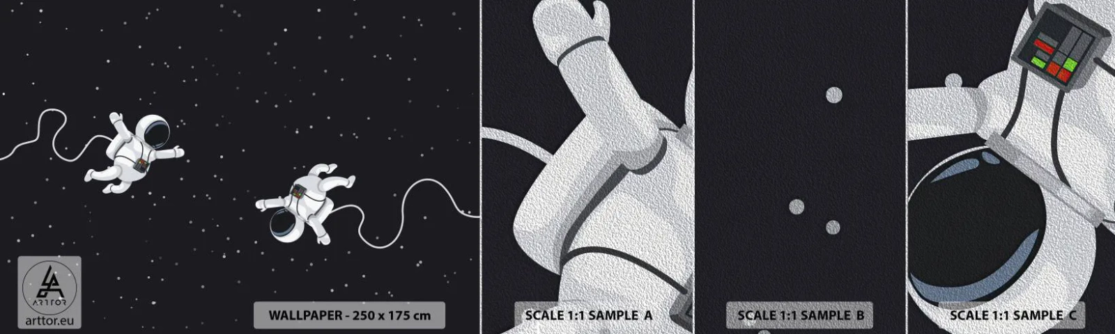 Fototapeten Muster Premium Sand - Kosmischer Tanz - Abstraktion, Astronaut, Kosmos - 100x30 cm