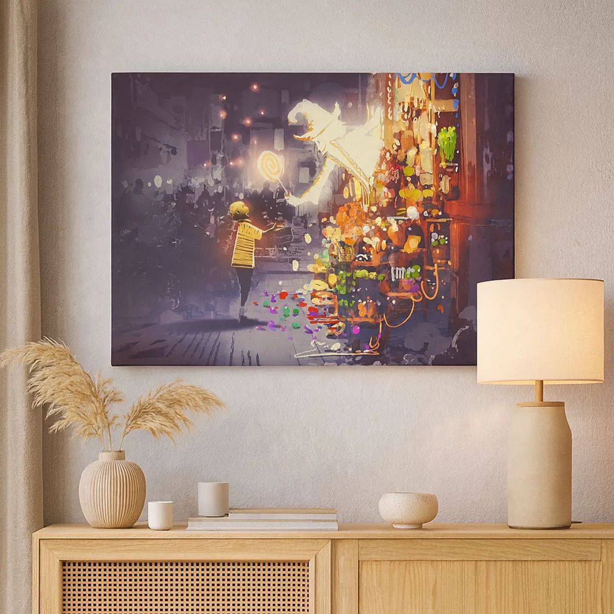 Bild auf Leinwand - Leinwandbild - Eine Märchenfigur und ein Kind auf einer Straße voller Lichter und Magie - 70x50cm - Magie ist da - Moderne Wanddekoration für Wohnzimmer und Schlafzimmer ARTTOR