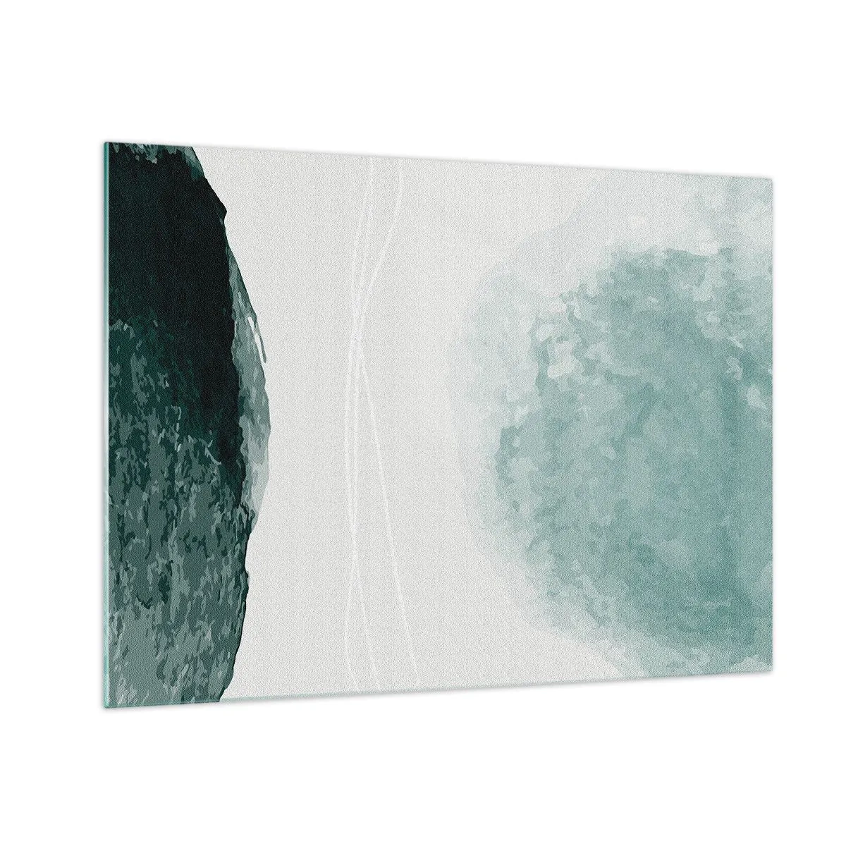 Glasbild - Bild auf glas - Grüne abstrakte Formen auf einem hellen Hintergrund, der an Nebel erinnert - 70x50cm - Begegnung mit Nebel - Moderne Wanddekoration für Wohnzimmer und Schlafzimmer ARTTOR