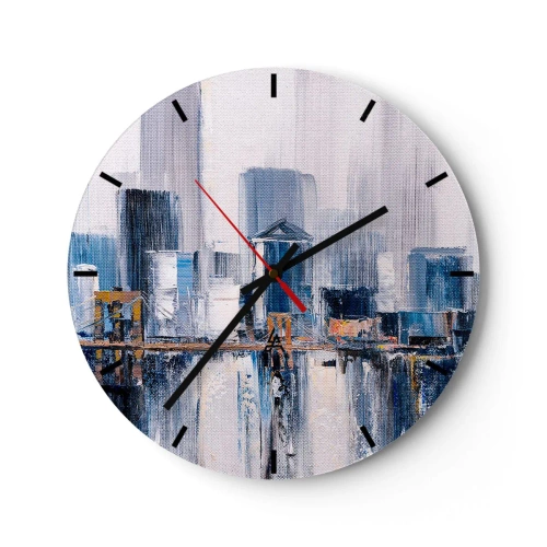 Wanduhr - Glasuhr - Impressionistisches Stadtpanorama mit Wolkenkratzern und einer Brücke - 30x30cm - New Yorker Eindruck - Moderne Wanddekoration für Wohnzimmer, Küche und Schlafzimmer ARTTOR