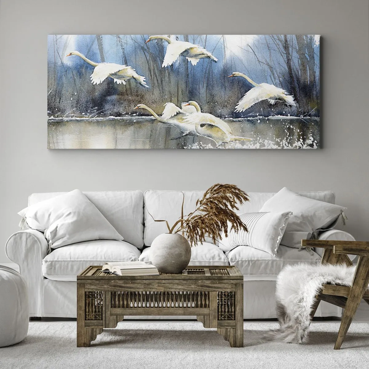 Bild auf Leinwand - Leinwandbild - Schwäne im Flug über einem zugefrorenen See in einer Winterlandschaft - 160x50cm - Wie im Märchen von den wilden Schwänen - Moderne Wanddekoration für Wohnzimmer und Schlafzimmer ARTTOR