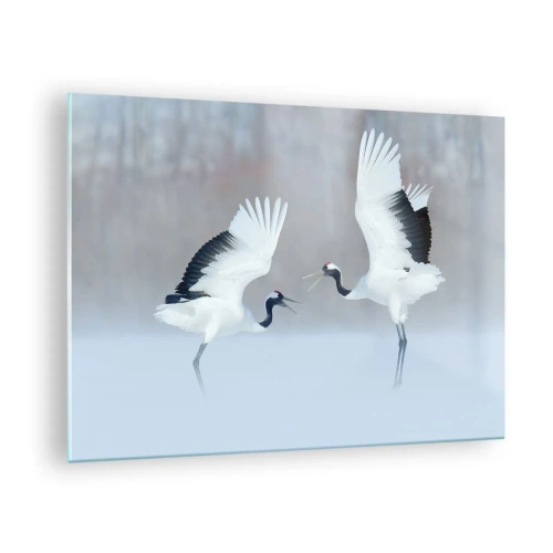 Glasbild - Bild auf glas - Tanzende Kraniche vor der Kulisse einer Winterlandschaft - 70x50cm - Tanz im Nebel - Moderne Wanddekoration für Wohnzimmer und Schlafzimmer ARTTOR