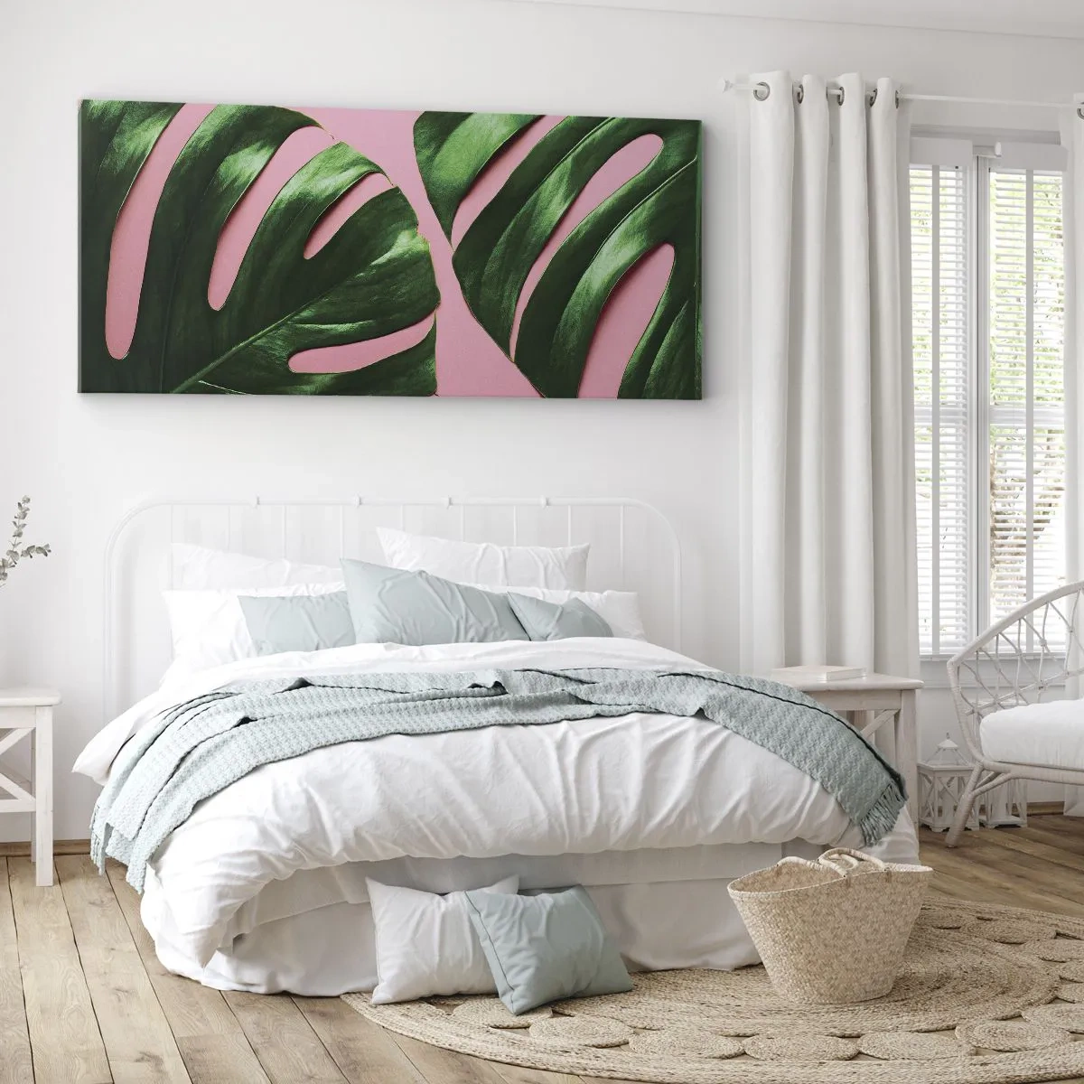 Bild auf Leinwand - Leinwandbild - Grüne Monstera-Blätter auf rosa Hintergrund - 140x50cm - Rendezvous im Grünen - Moderne Wanddekoration für Wohnzimmer und Schlafzimmer ARTTOR