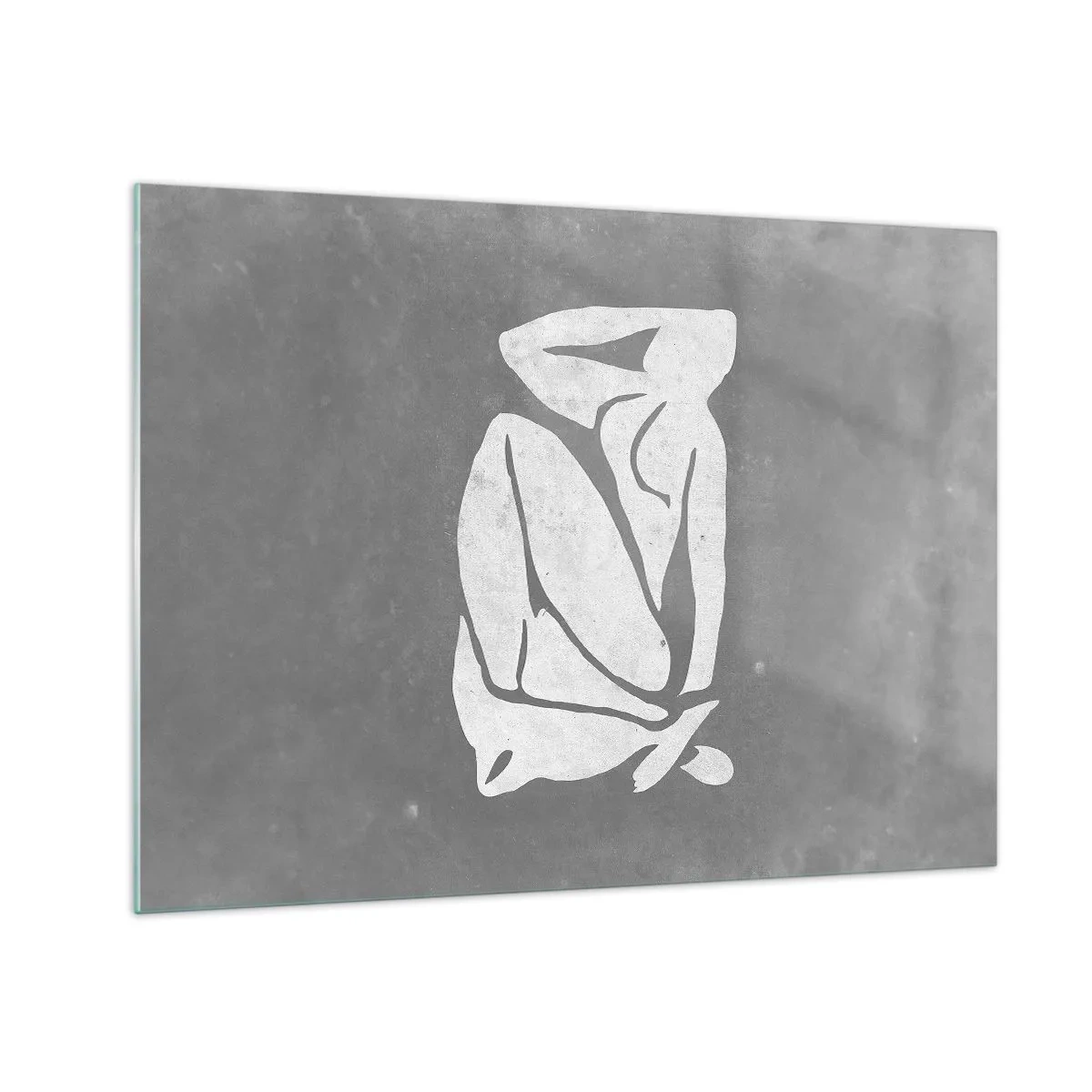 Glasbild - Bild auf glas - Eine minimalistische Silhouette einer Frau auf grauem Hintergrund - 70x50cm - In Gedanken versunken - Moderne Wanddekoration für Wohnzimmer und Schlafzimmer ARTTOR