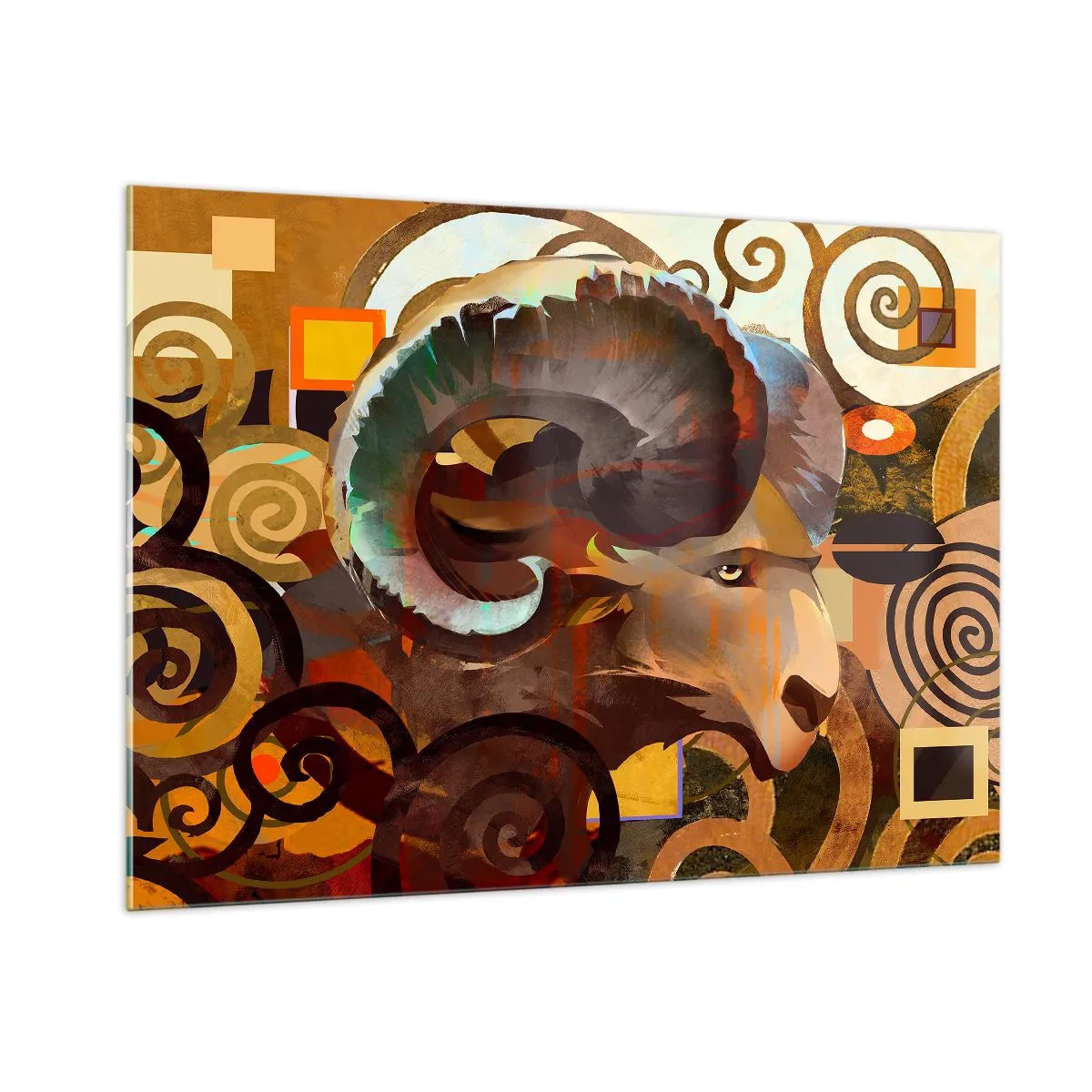 Glasbild - Bild auf glas - Ein künstlerisches Bild eines Widders in einer geometrischen und spiralförmigen Komposition. - 100x70cm - Magie - Religionen - Rituale - Moderne Wanddekoration für Wohnzimmer und Schlafzimmer ARTTOR