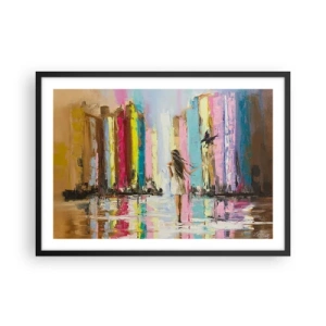 Poster in einem schwarzem Rahmen - Eine bunte Stadt und eine Frau in einem weißen Kleid mit einem Vogel - 70x50cm - Folge mir - Moderne Wanddekoration für Wohnzimmer und Schlafzimmer ARTTOR