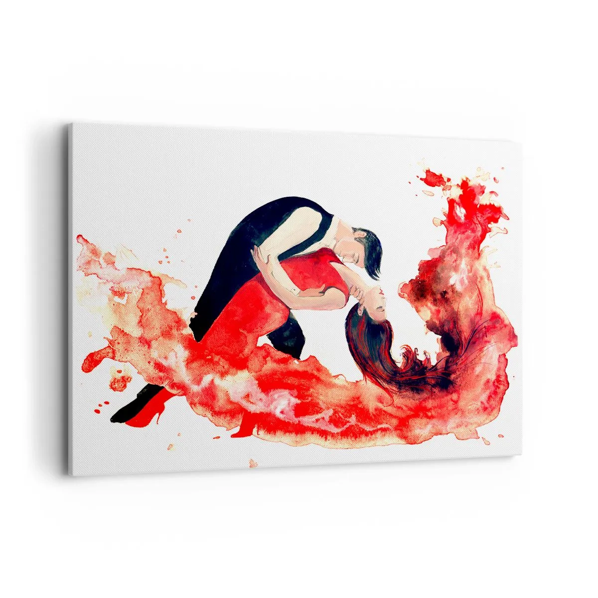 Bild auf Leinwand - Leinwandbild - Ein dynamisches Aquarellgemälde eines tanzenden Paares in roten Farben. - 100x70cm - Tango - eine sinnliche Welle - Moderne Wanddekoration für Wohnzimmer und Schlafzimmer ARTTOR