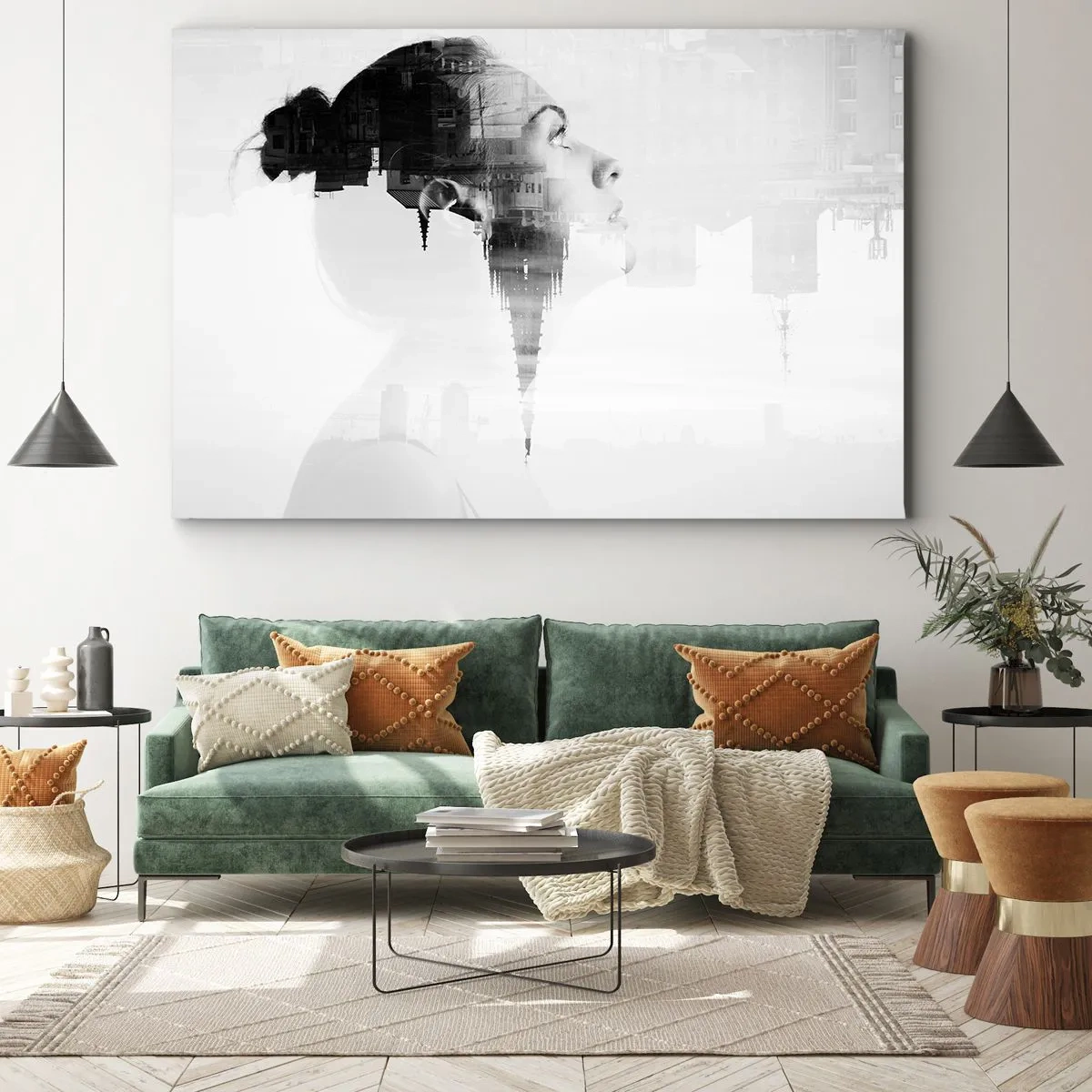Bild auf Leinwand - Leinwandbild - Porträt einer Frau mit den Umrissen einer Stadt im Hintergrund, schwarz-weiße Farben - 70x50cm - Auf beiden Seiten des Glases - Moderne Wanddekoration für Wohnzimmer und Schlafzimmer ARTTOR