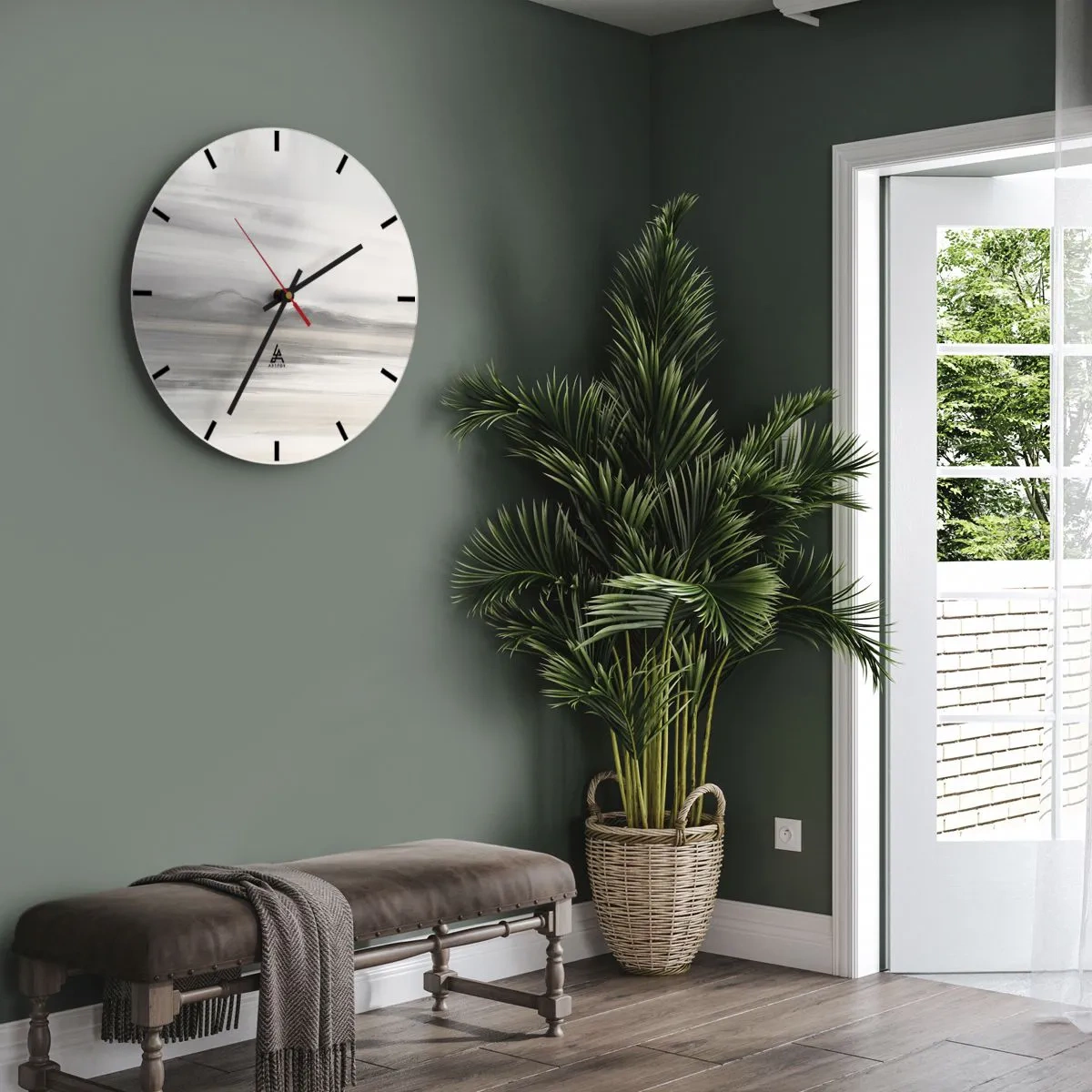 Wanduhr - Glasuhr - Eine zarte Landschaft in Grau- und Beigetönen mit nebligen Bergen - 30x30cm - Nachdenkliche Distanz - Moderne Wanddekoration für Wohnzimmer, Küche und Schlafzimmer ARTTOR