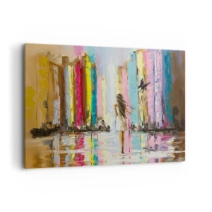 Bild auf Leinwand - Leinwandbild - Eine bunte Stadt und eine Frau in einem weißen Kleid mit einem Vogel - 120x80cm - Folge mir - Moderne Wanddekoration für Wohnzimmer und Schlafzimmer ARTTOR