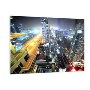 Glasbild - Bild auf glas - Panorama der nächtlichen Stadt mit beleuchteten Wolkenkratzern - 120x80cm - Ein Wunder in der Wüste - Moderne Wanddekoration für Wohnzimmer und Schlafzimmer ARTTOR