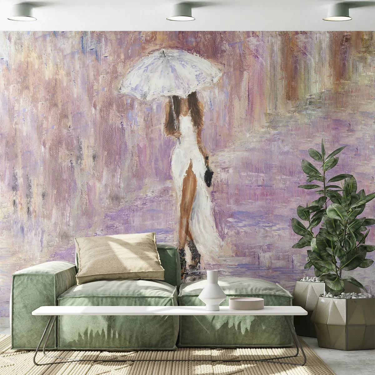 Fototapete Premium Canvas - Im lila Regen - Frau, Mode, Im Regen spazieren gehen - 500x350 cm