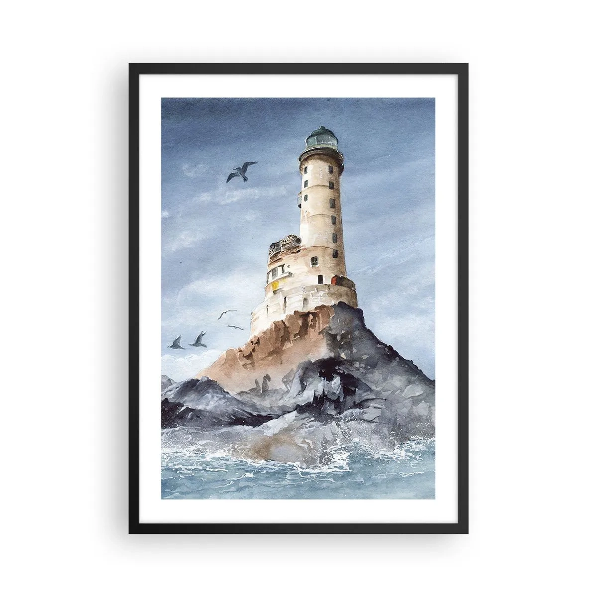 Poster in einem schwarzem Rahmen - Ein Aquarell eines Leuchtturms an einer felsigen Küste - 50x70cm - Unbesiegbar - Moderne Wanddekoration für Wohnzimmer und Schlafzimmer ARTTOR
