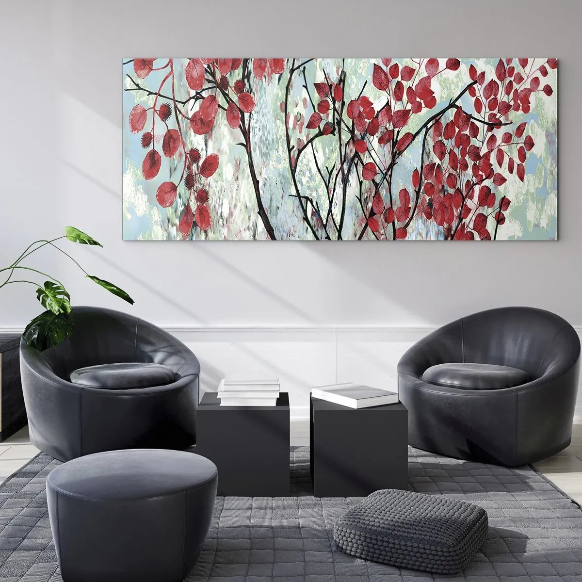 Glasbild - Bild auf glas - Rote Blätter vor einem hellen Himmel mit abstrakten Mustern - 140x50cm - Baum in Scharlachrot - Moderne Wanddekoration für Wohnzimmer und Schlafzimmer ARTTOR