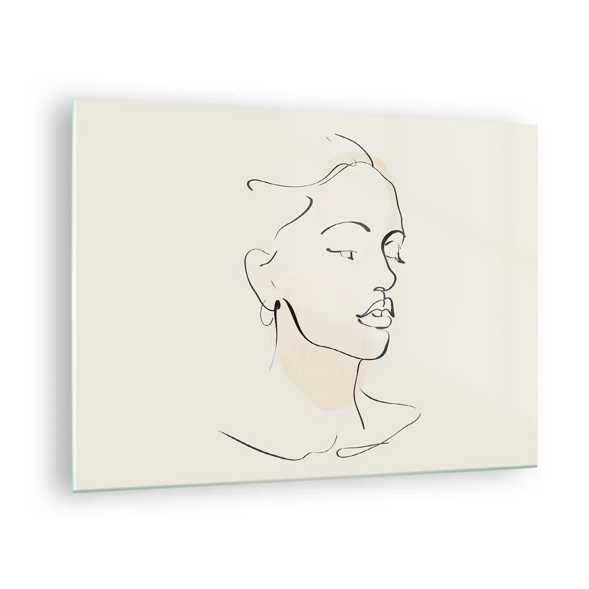 Glasbild - Bild auf glas - Ein lineares Frauenporträt vor hellem Hintergrund mit zarten Schatten. - 70x50cm - Eine bestimmte Linie - Moderne Wanddekoration für Wohnzimmer und Schlafzimmer ARTTOR