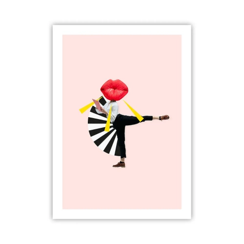 Poster - Eine surreale Komposition mit Lippen und geometrischen Elementen auf rosa Hintergrund. - 50x70cm - Surreale Pop-Art - Moderne Wanddekoration für Wohnzimmer und Schlafzimmer ARTTOR