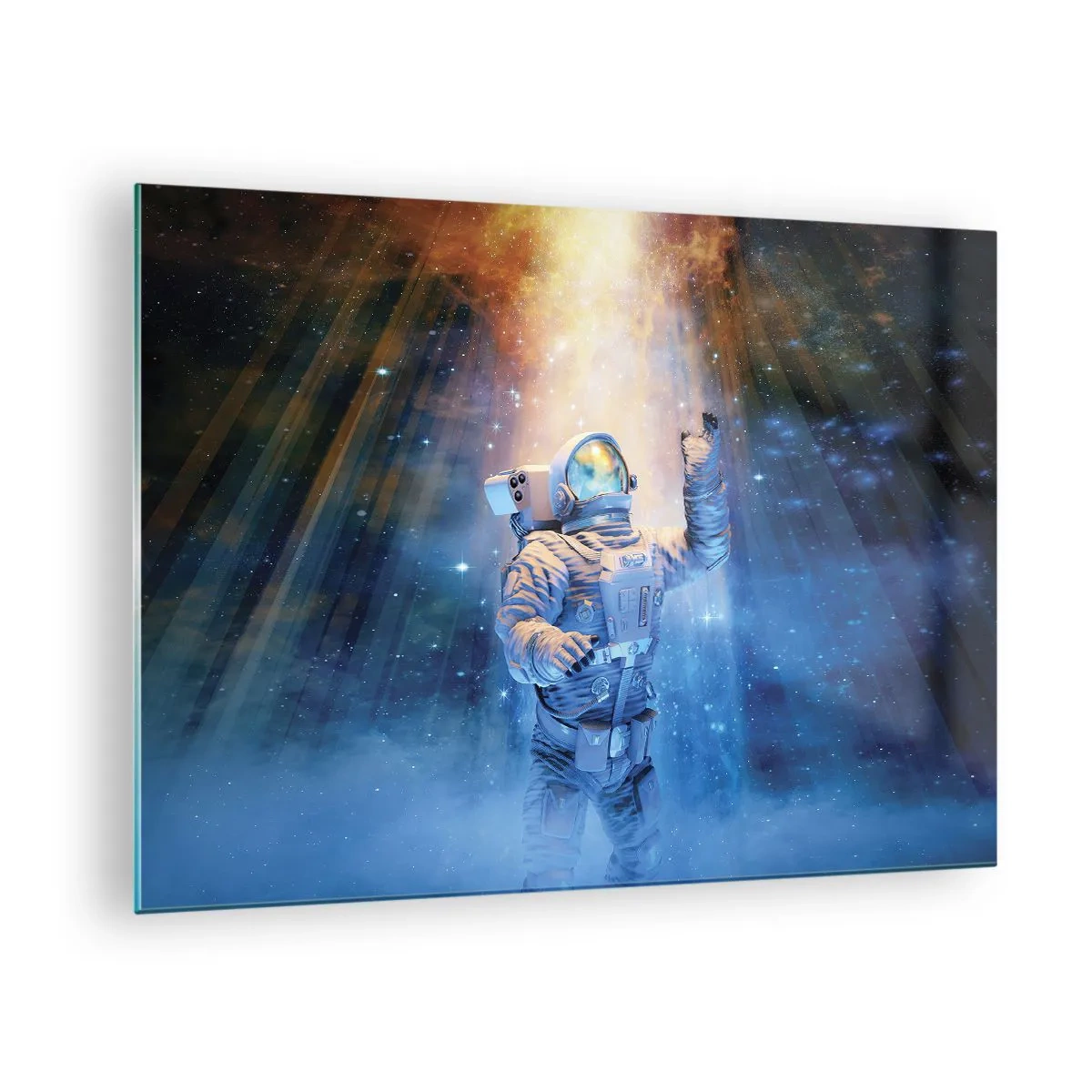 Glasbild - Bild auf glas - Ein Astronaut im Weltraum, beleuchtet von Lichtstrahlen - 70x50cm - Endlich am Ende - Moderne Wanddekoration für Wohnzimmer und Schlafzimmer ARTTOR