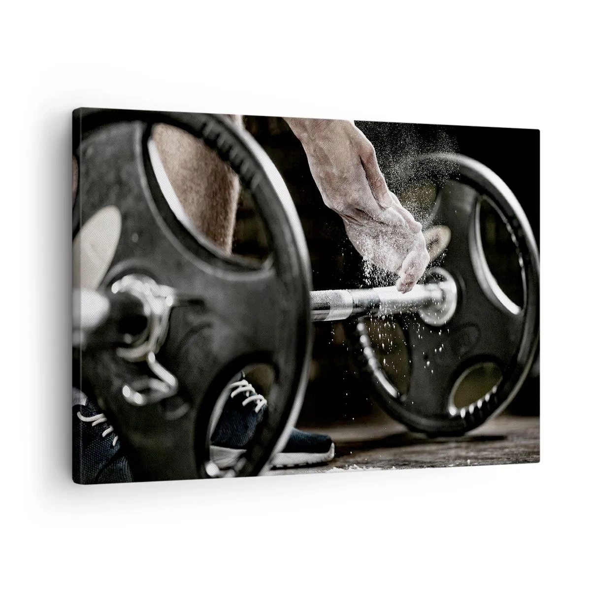 Bild auf Leinwand - Leinwandbild - Hanteln und die Hände eines Sportlers bereiten sich auf das Training vor - 70x50cm - Herausforderung angenommen! - Moderne Wanddekoration für Wohnzimmer und Schlafzimmer ARTTOR