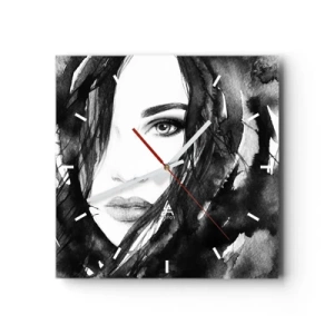 Wanduhr - Glasuhr - Porträt einer Frau in Schwarz-Weiß-Aquarell - 30x30cm - Porträt einer Dame in Schwarzweiß - Moderne Wanddekoration für Wohnzimmer und Schlafzimmer ARTTOR