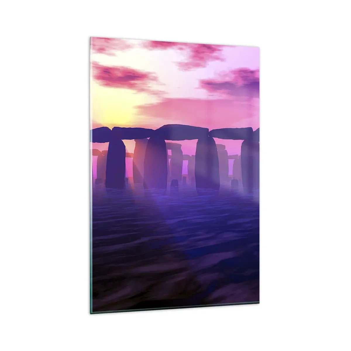 Glasbild - Bild auf glas - Steinkreis bei Sonnenuntergang mit violettem Himmel - 80x120cm - Geheimnis im Morgengrauen im Nebel - Moderne Wanddekoration für Wohnzimmer und Schlafzimmer ARTTOR