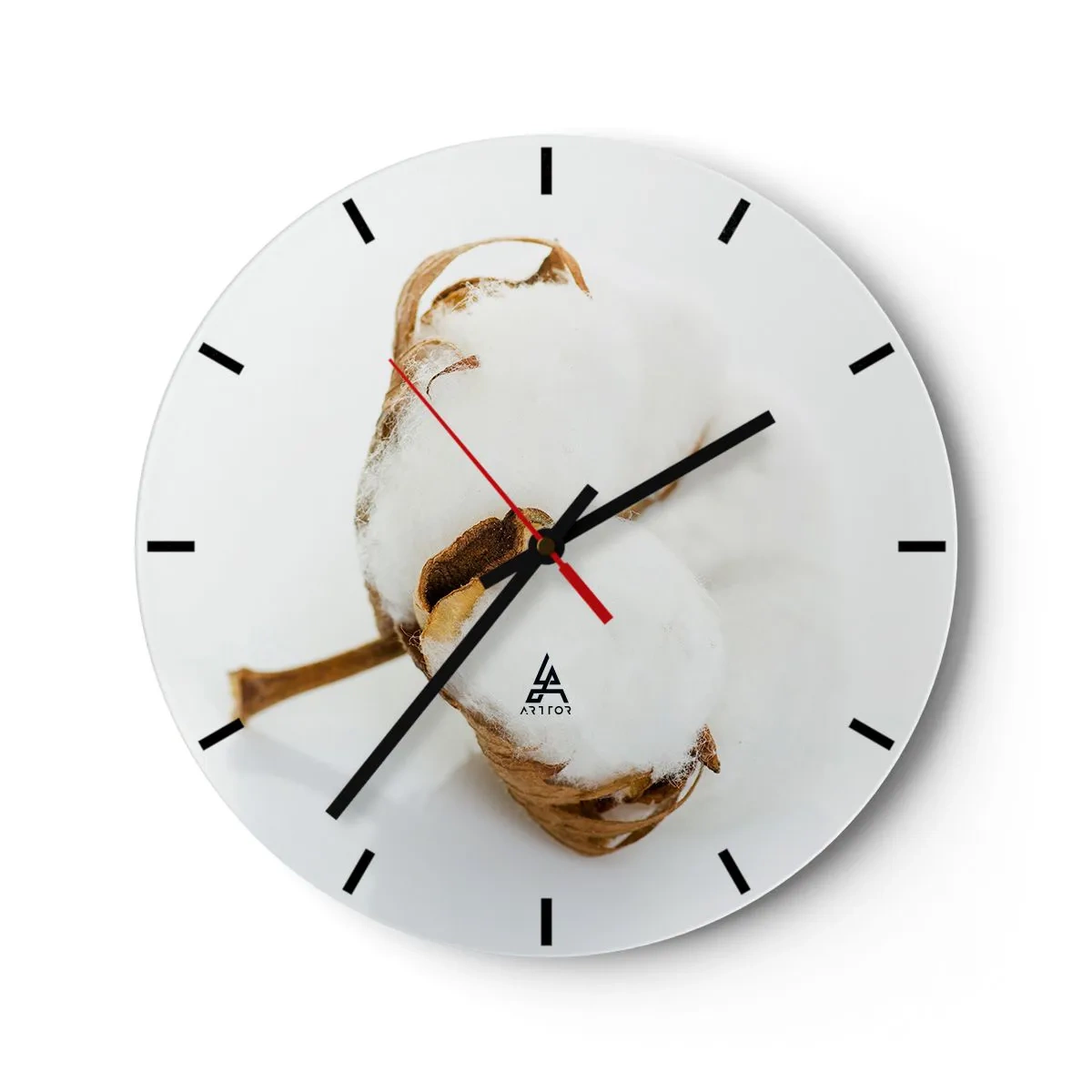 Wanduhr - Glasuhr - Ein natürlicher Baumwollzweig auf weißem Hintergrund - 30x30cm - Von Natur aus weich - Moderne Wanddekoration für Wohnzimmer, Küche und Schlafzimmer ARTTOR