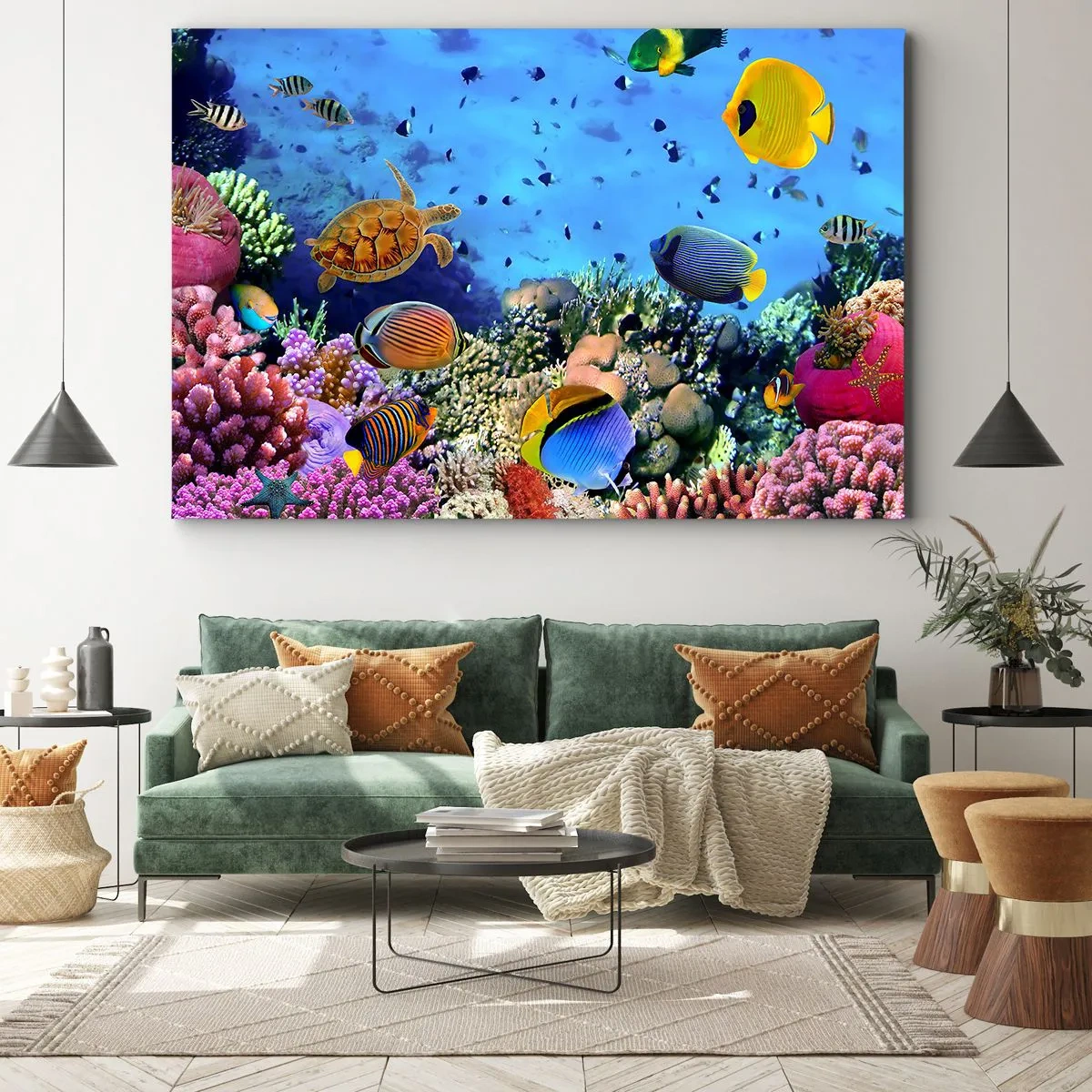 Bild auf Leinwand - Leinwandbild - Korallenriff mit bunten Fischen und einer Meeresschildkröte - 120x80cm - Und was wissen wir über das Leben ... - Moderne Wanddekoration für Wohnzimmer und Schlafzimmer ARTTOR