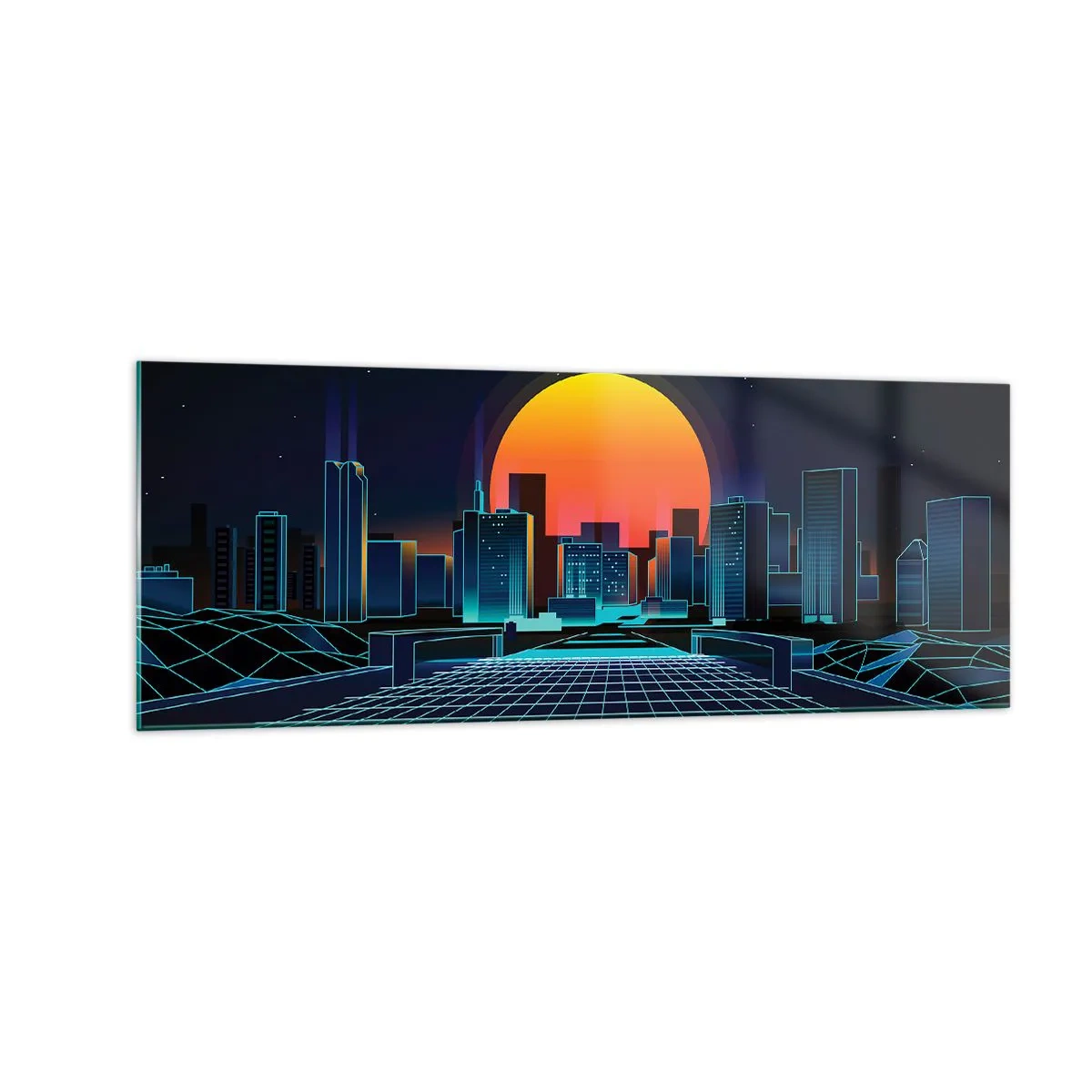 Glasbild - Bild auf glas - Futuristische Skyline im Neon-Stil - 140x50cm - Willst du immer noch zu Real gehen? - Moderne Wanddekoration für Wohnzimmer und Schlafzimmer ARTTOR