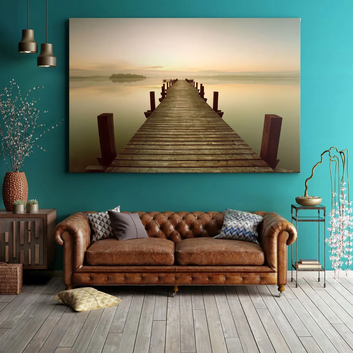 Bild auf Leinwand - Leinwandbild - Ein Holzsteg an einem ruhigen See am Morgen - 70x50cm - Tagesanbruch, Morgendämmerung, Licht - Moderne Wanddekoration für Wohnzimmer und Schlafzimmer ARTTOR