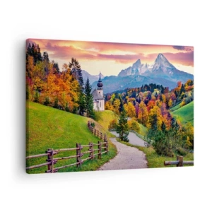 Bild auf Leinwand - Leinwandbild - Herbstliche Berglandschaft mit Kapelle und Sonnenuntergang - 70x50cm - Landschaftsartige Malerei - Moderne Wanddekoration für Wohnzimmer und Schlafzimmer ARTTOR