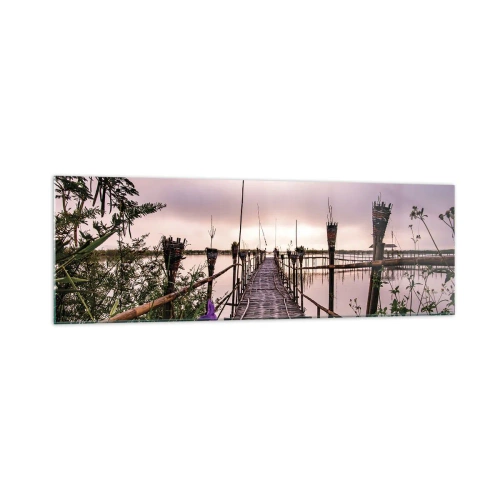 Glasbild - Bild auf glas - Bambusbrücke über das Wasser im Morgengrauen - 160x50cm - Frieden und Ruhe Asiens - Moderne Wanddekoration für Wohnzimmer und Schlafzimmer ARTTOR