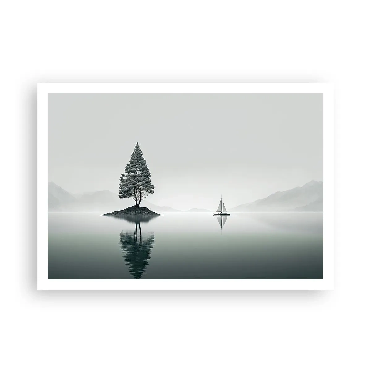 Poster - Eine minimalistische Landschaft mit einem Baum auf einer Insel und einem Segelboot. - 100x70cm - Traum - Moderne Wanddekoration für Wohnzimmer und Schlafzimmer ARTTOR