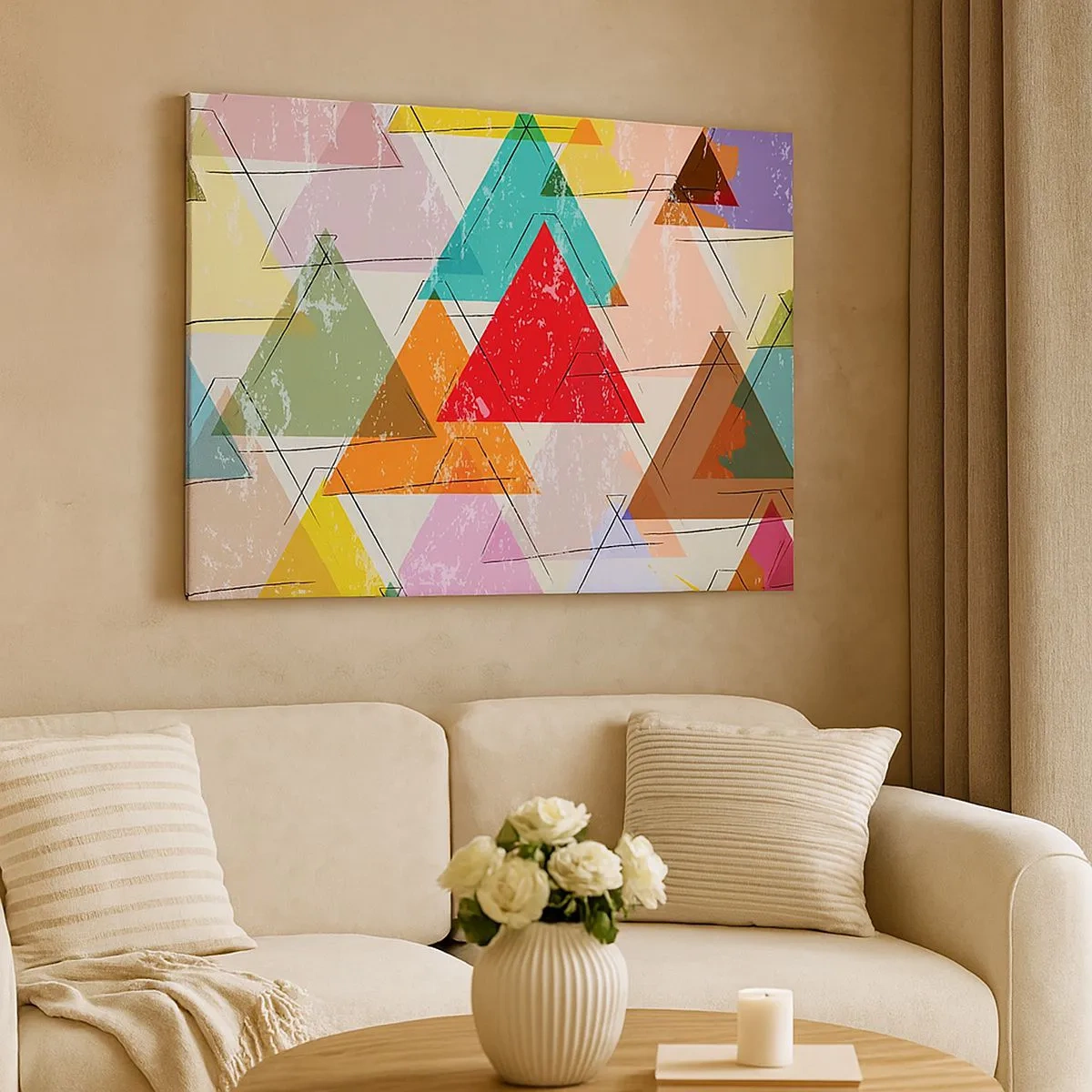 Bild auf Leinwand - Leinwandbild - Bunte Abstraktion mit geometrischen Dreiecken - 70x50cm - Drei mal drei - Moderne Wanddekoration für Wohnzimmer und Schlafzimmer ARTTOR