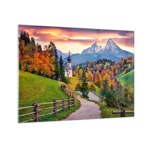 Glasbild - Bild auf glas - Herbstliche Berglandschaft mit einer Kirche und einer durch die Hügel führenden Straße - 70x50cm - Landschaftsartige Malerei - Moderne Wanddekoration für Wohnzimmer und Schlafzimmer ARTTOR