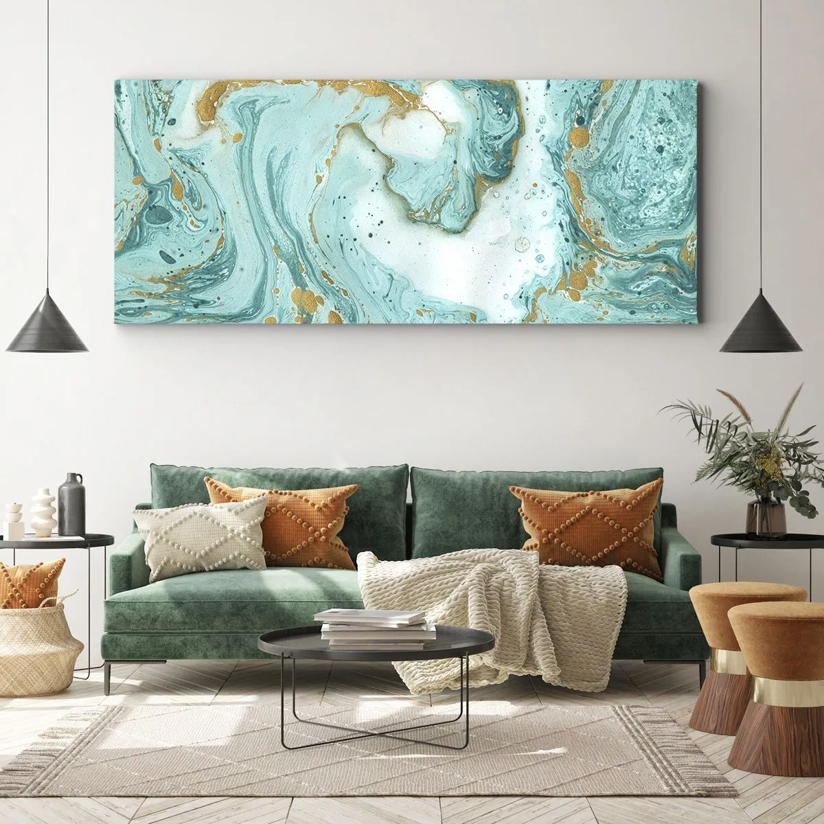Bild auf Leinwand - Leinwandbild - Türkisfarbener Marmor mit goldenen Akzenten in einer abstrakten Komposition - 140x50cm - Unter der großen Welle der Edo-Ära - Moderne Wanddekoration für Wohnzimmer und Schlafzimmer ARTTOR