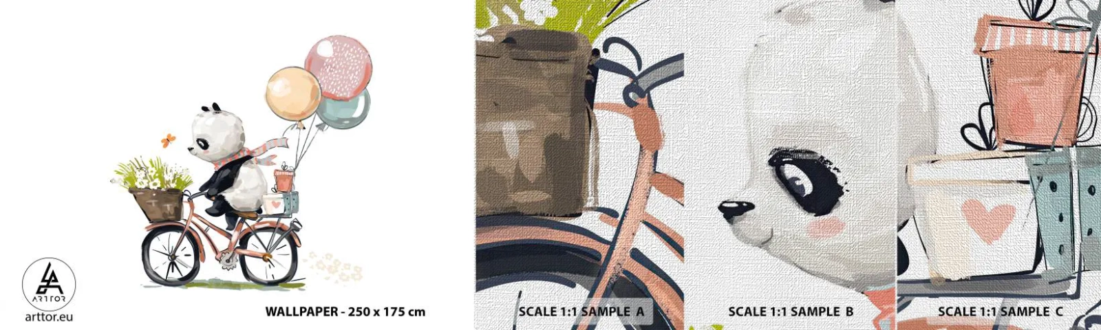 Fototapeten Muster Premium Canvas - Glücklicher Tag - Für Kinder, Panda auf einem Fahrrad, Abstraktion - 100x30 cm