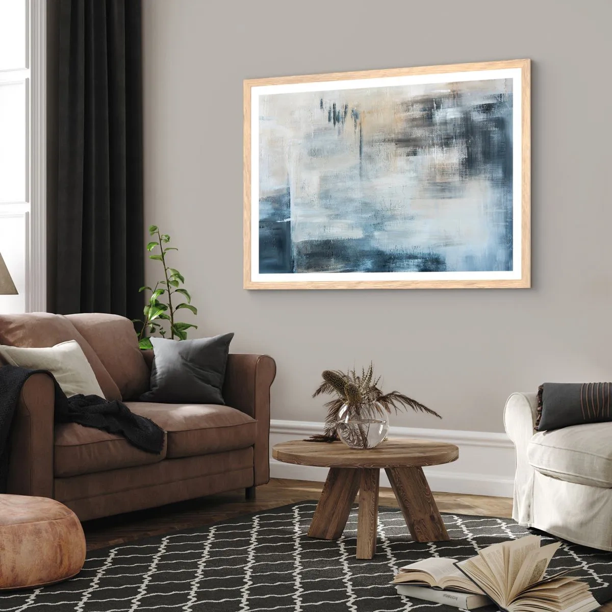 Poster in einem Rahmen aus heller Eiche - Hinter dem blauen Vorhang - 40x30 cm