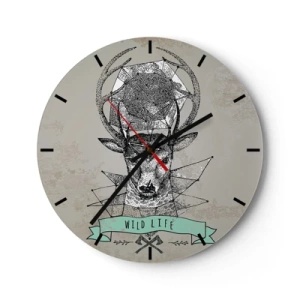 Wanduhr - Glasuhr - Geometrischer Hirsch mit der Aufschrift „Wild Life“ auf grauem Hintergrund - 30x30cm - St. sehen Hubertus - Moderne Wanddekoration für Wohnzimmer, Küche und Schlafzimmer ARTTOR