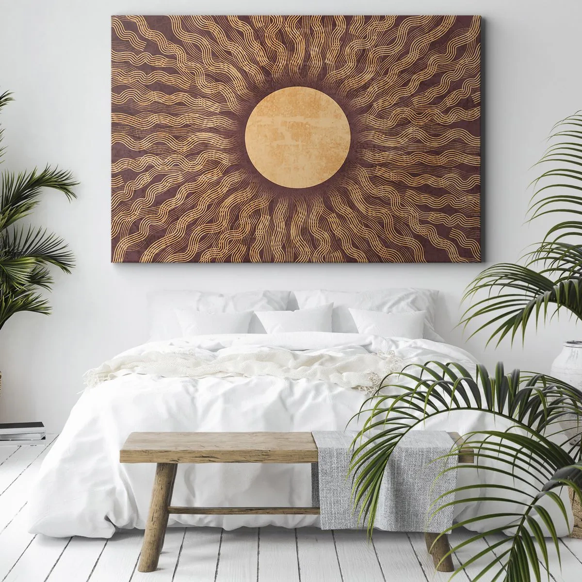Bild auf Leinwand - Leinwandbild - Sonniges Muster mit Strahlen auf einem Hintergrund in Brauntönen - 100x70cm - Sonnensymbol - Moderne Wanddekoration für Wohnzimmer und Schlafzimmer ARTTOR