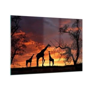 Glasbild - Bild auf glas - Silhouetten von Giraffen vor dem Hintergrund eines Sonnenuntergangs in einer afrikanischen Landschaft - 100x70cm - Ein kleines Abendessen mit deinen Liebsten - Moderne Wanddekoration für Wohnzimmer und Schlafzimmer ARTTOR