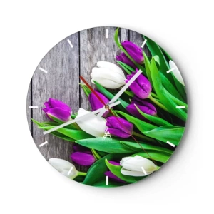 Wanduhr - Glasuhr - Ein Strauß lila und weißer Tulpen auf einem hölzernen Hintergrund - 30x30cm - Am Tag der Frühlingsferien - Moderne Wanddekoration für Wohnzimmer, Küche und Schlafzimmer ARTTOR