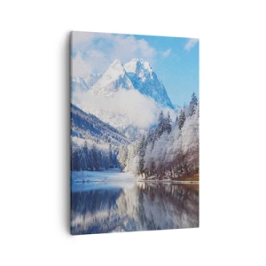 Bild auf Leinwand - Leinwandbild - Winterliche Berglandschaft mit schneebedeckten Bäumen und einem See - 50x70cm - Schneefang - Moderne Wanddekoration für Wohnzimmer und Schlafzimmer ARTTOR