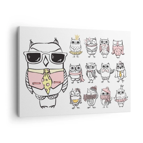 Bild auf Leinwand - Leinwandbild - Eulen in verschiedenen Stilen und Kleidern - 70x50cm - So viele Rollen zu spielen - Moderne Wanddekoration für Wohnzimmer und Schlafzimmer ARTTOR
